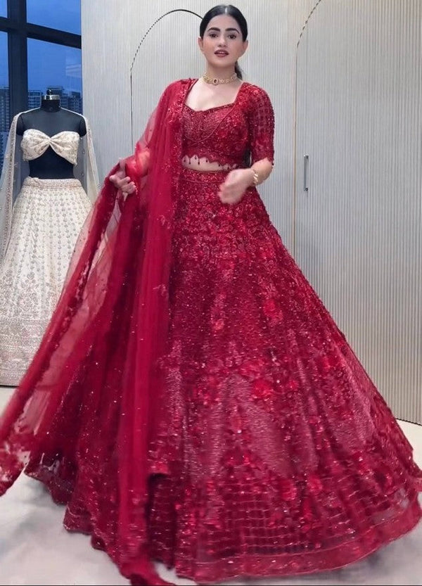Magnetic Red Color Net  Fabric Party Wear Lehenga
