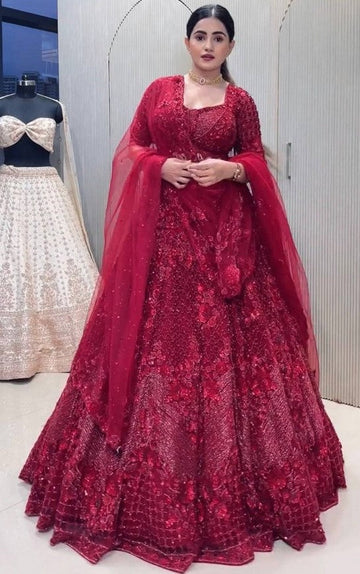 Magnetic Red Color Net  Fabric Party Wear Lehenga