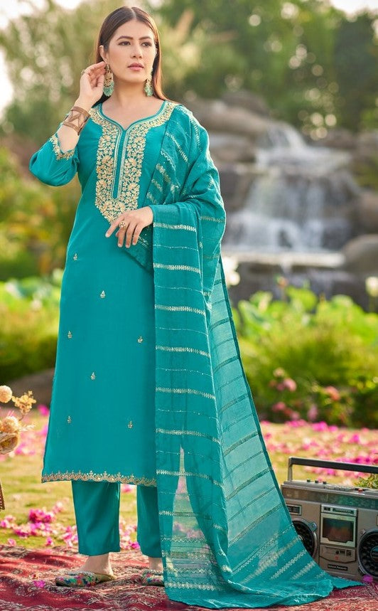 Dazzling Aqua Color Shimmer Fabric Designer Suit