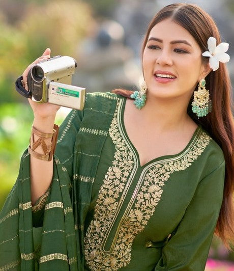Dazzling Green Color Shimmer Fabric Designer Suit