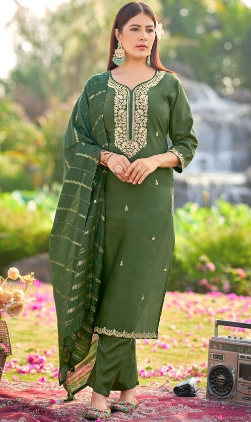 Dazzling Green Color Shimmer Fabric Designer Suit