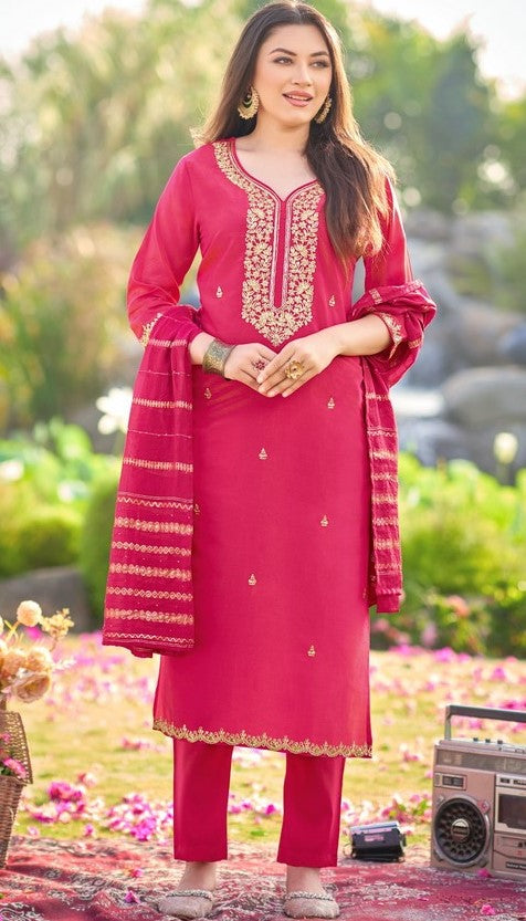 Dazzling Magenta Color Shimmer Fabric Designer Suit