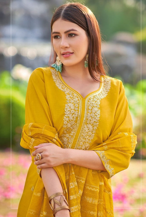 Dazzling Yellow Color Shimmer Fabric Designer Suit