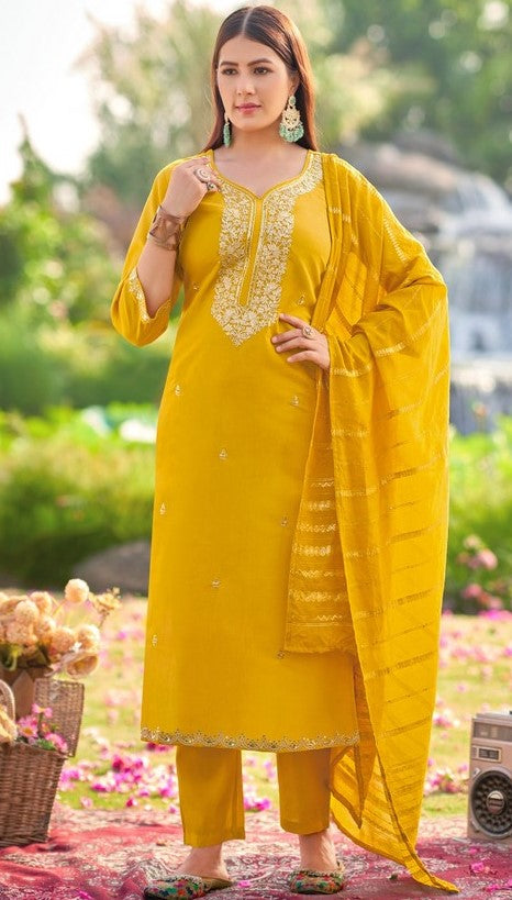 Dazzling Yellow Color Shimmer Fabric Designer Suit