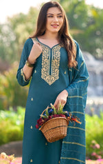 Dazzling Teal Color Shimmer Fabric Designer Suit