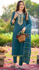 Dazzling Teal Color Shimmer Fabric Designer Suit