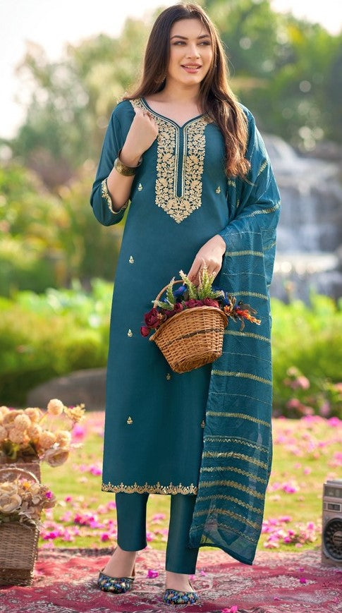 Dazzling Teal Color Shimmer Fabric Designer Suit