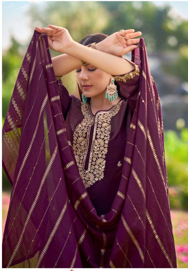 Dazzling Wine Color Shimmer Fabric Designer Suit