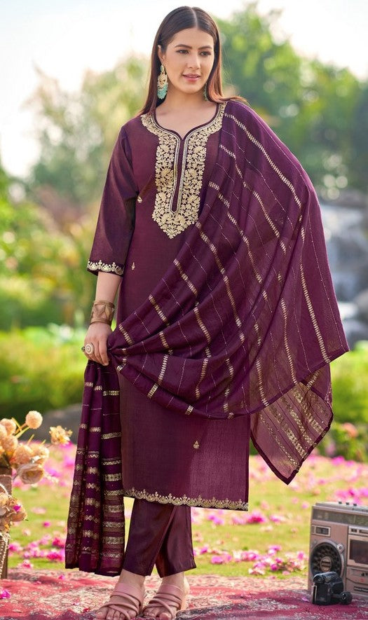 Dazzling Wine Color Shimmer Fabric Designer Suit