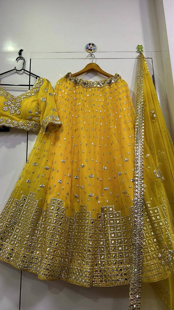 Amazing Yellow Color Georgette Fabric Party Wear Lehenga
