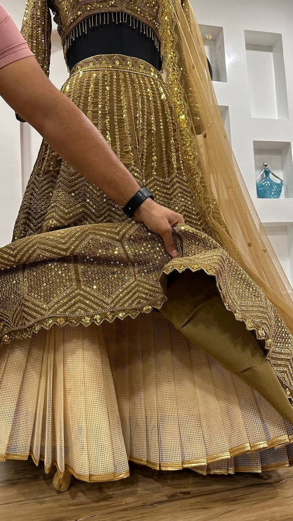 Pretty Golden Color Silk Fabric Party Wear Lehenga