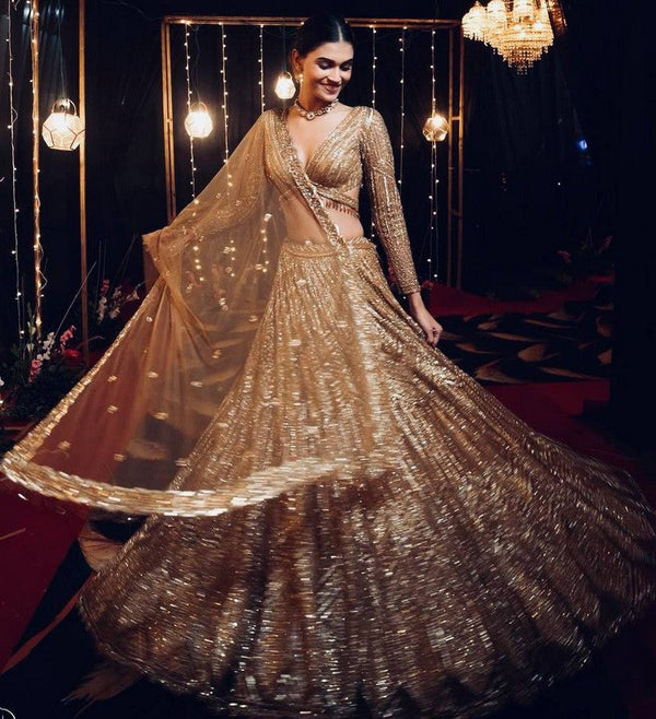 Pretty Golden Color Silk Fabric Party Wear Lehenga