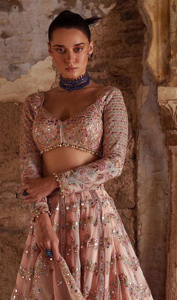 Pretty Peach Color Georgette Fabric Party Wear Lehenga