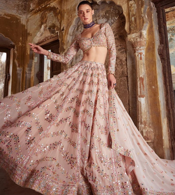 Pretty Peach Color Georgette Fabric Party Wear Lehenga