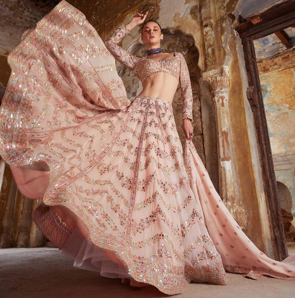 Pretty Peach Color Georgette Fabric Party Wear Lehenga