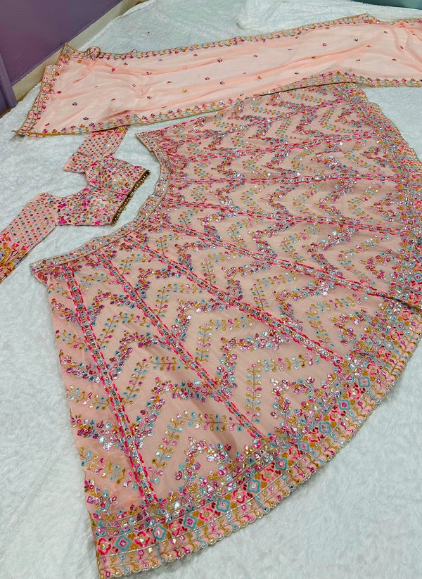 Pretty Peach Color Georgette Fabric Party Wear Lehenga