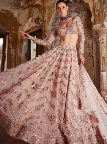 Pretty Peach Color Georgette Fabric Party Wear Lehenga