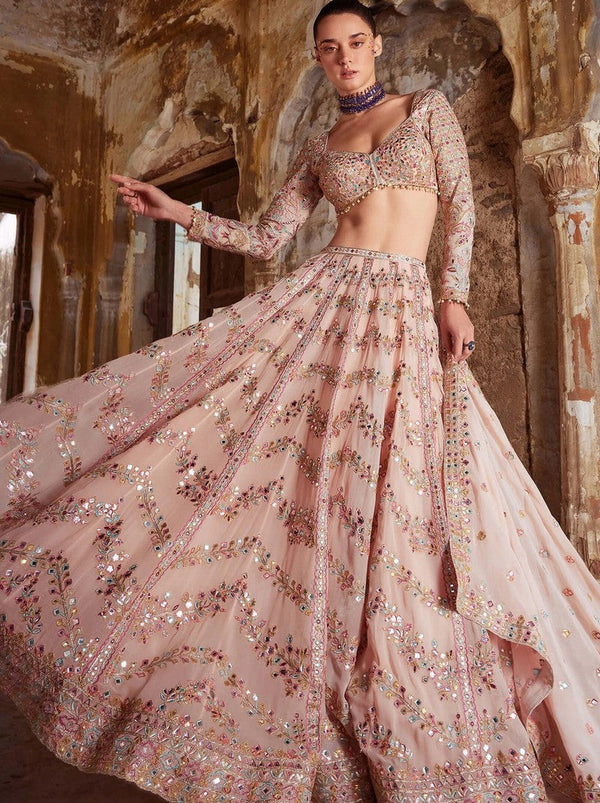 Pretty Peach Color Georgette Fabric Party Wear Lehenga