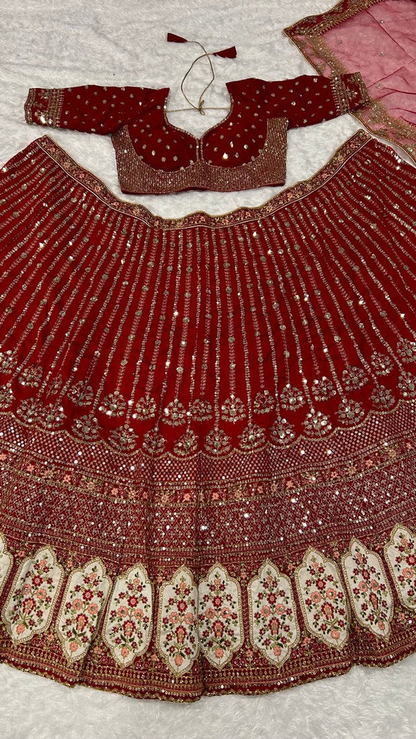 Pretty Maroon Color Silk Fabric Party Wear Lehenga
