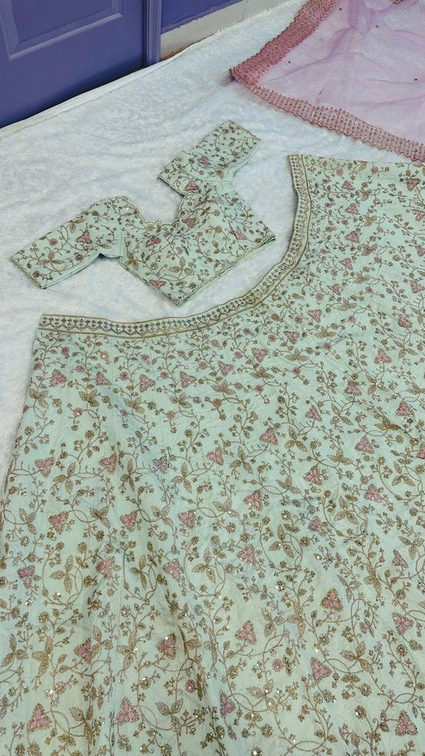Pretty Green Color Silk Fabric Party Wear Lehenga