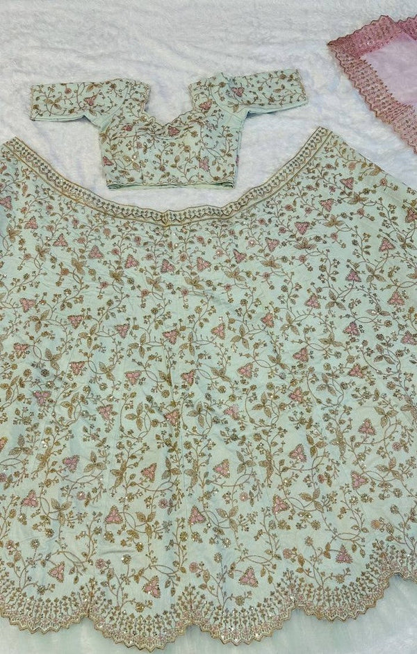 Pretty Green Color Silk Fabric Party Wear Lehenga