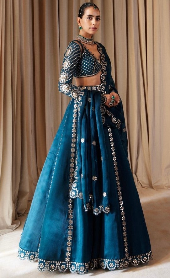 Amazing Teal Color Silk Fabric Party Wear Lehenga