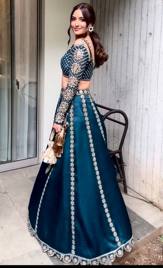 Amazing Teal Color Silk Fabric Party Wear Lehenga