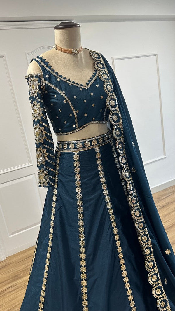 Amazing Teal Color Silk Fabric Party Wear Lehenga