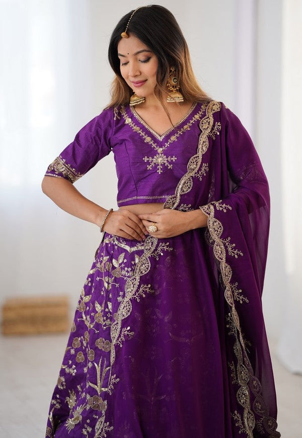 Alluring Purple Color Silk Fabric Party Wear Lehenga