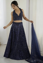 Alluring Navy Blue Color Net Fabric Party Wear Lehenga