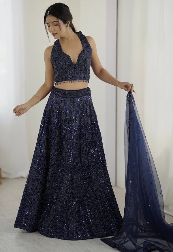 Alluring Navy Blue Color Net Fabric Party Wear Lehenga