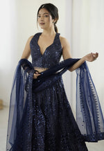 Alluring Navy Blue Color Net Fabric Party Wear Lehenga