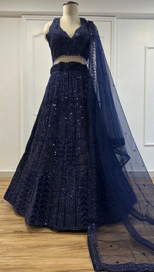 Alluring Navy Blue Color Net Fabric Party Wear Lehenga