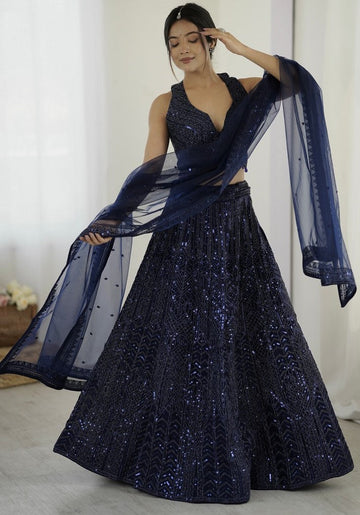 Alluring Navy Blue Color Net Fabric Party Wear Lehenga