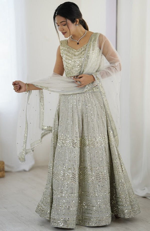 Alluring Cream Color Georgette Fabric Party Wear Lehenga
