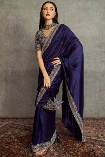 Beautiful Navy Blue Color Silk Fabric Designer Saree