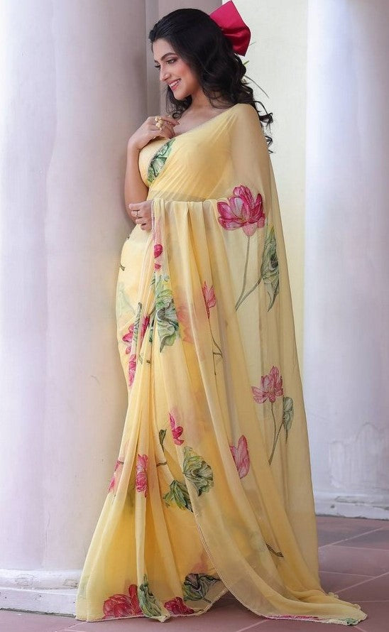 Beautiful Yellow Color Silk Fabric Designer Saree