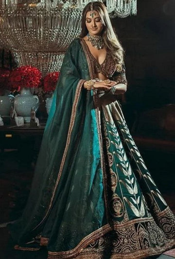 Charming Green Color Satin Fabric Party Wear Lehenga