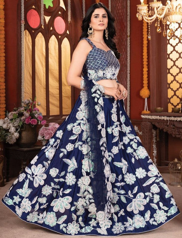 Charming Navy Blue Color Silk Fabric Party Wear Lehenga