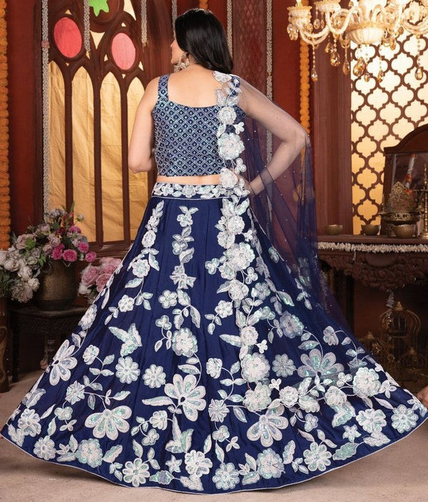 Charming Navy Blue Color Silk Fabric Party Wear Lehenga