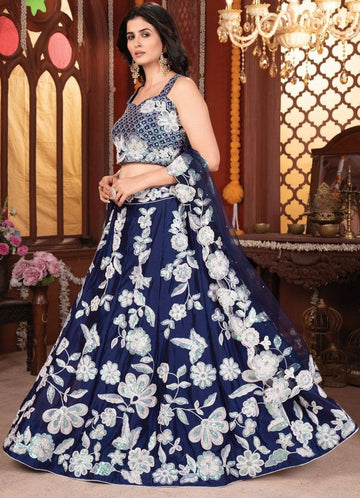 Charming Navy Blue Color Silk Fabric Party Wear Lehenga