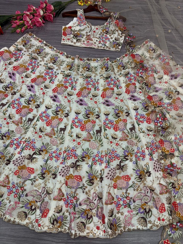 Charming Cream Color Georgette Fabric Party Wear Lehenga