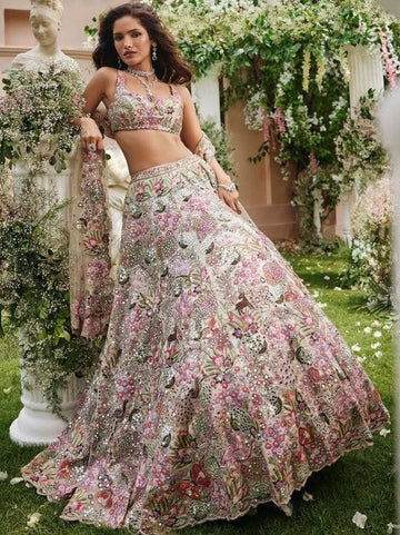 Charming Cream Color Georgette Fabric Party Wear Lehenga