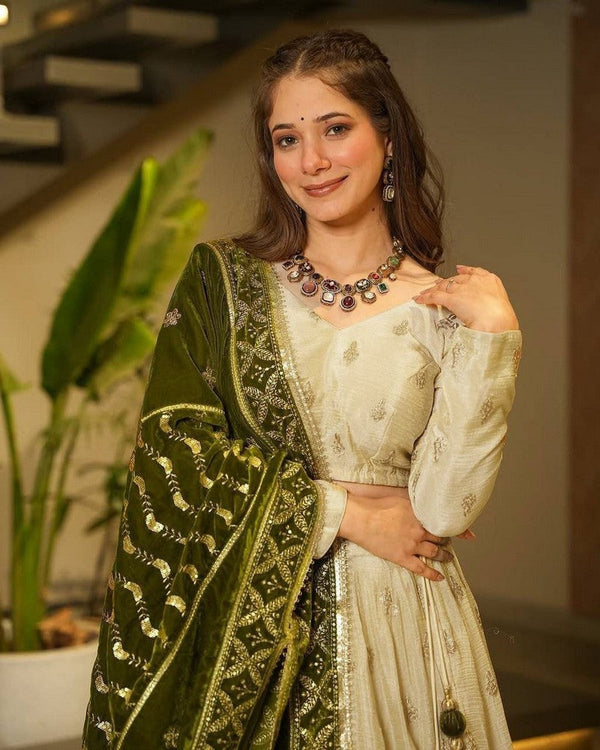 Charming Cream Color Silk  Fabric Party Wear Lehenga