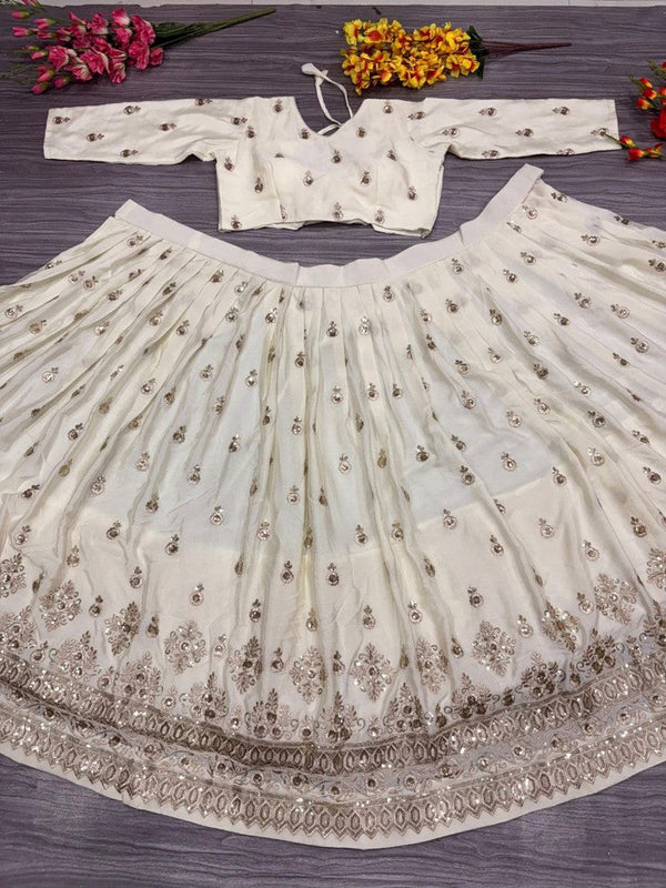 Charming Cream Color Silk  Fabric Party Wear Lehenga