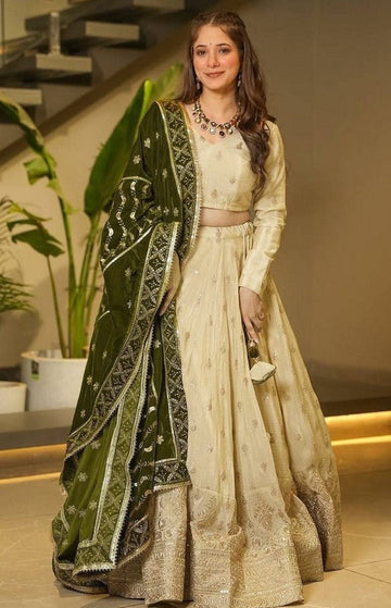 Charming Cream Color Silk  Fabric Party Wear Lehenga