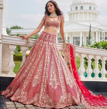 Charming Red Color Satin  Fabric Party Wear Lehenga