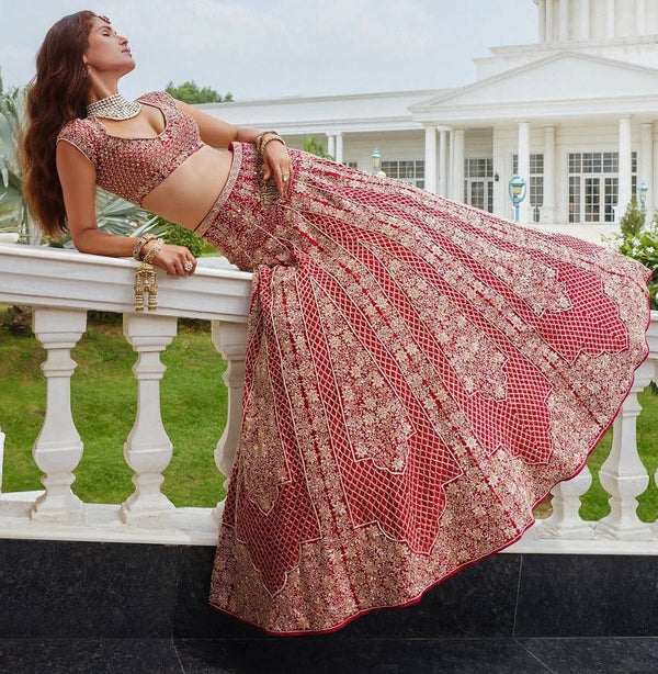Charming Red Color Satin  Fabric Party Wear Lehenga