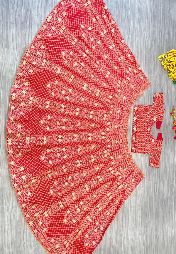 Charming Red Color Satin  Fabric Party Wear Lehenga