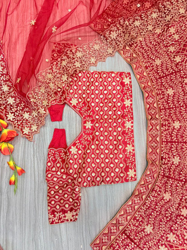 Charming Red Color Satin  Fabric Party Wear Lehenga